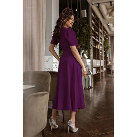 Kadın Kruvaze Yaka Midi Boy Kuşaklı Krep Elbise  0 Cm