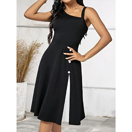 Lucky Life Kadın Tek Omuzu şerit Detaylı Sıfır Kol Yandan Düğme Detaylı Janjan Krep Elbise