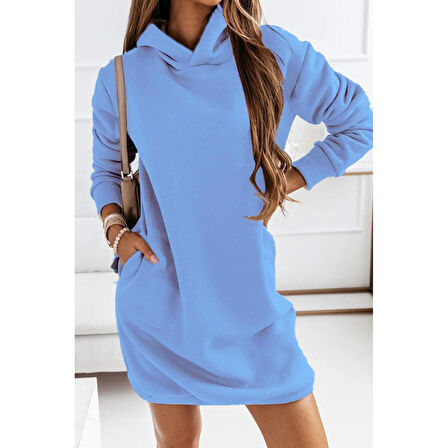 Lucky Life Kadın Uzun Kollu Kapşonlu Kısa Iki Iplik Elbise