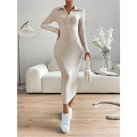 Lucky Life Kadın Uzun Kollu Yakalı Düğmeli şardonlu Kaşkorse Elbise