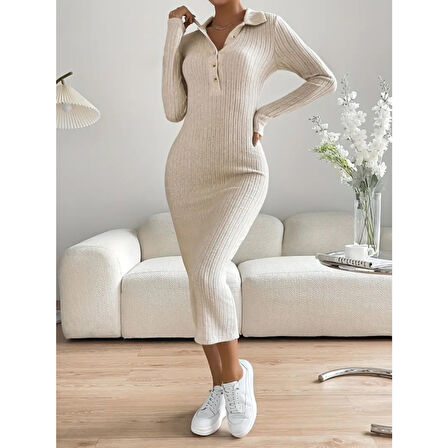 Lucky Life Kadın Uzun Kollu Yakalı Düğmeli şardonlu Kaşkorse Elbise