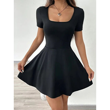 Lucky Life Kadın Kısa Kollu Kare Yaka Short Detaylı Cepli Dalgıç Elbise