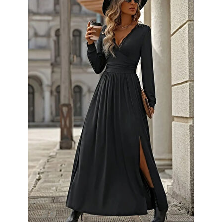 Lucky Life Kadın Uzun Kollu V Dantel Yakalı Yırtmaçlı Uzun Sandy Elbise