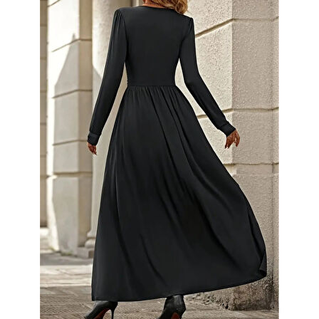 Lucky Life Kadın Uzun Kollu V Dantel Yakalı Yırtmaçlı Uzun Sandy Elbise