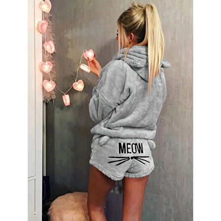 Lucky Life Kadın Uzun Kollu Meow Kedi Nakışlı Kapşonlu Peluş Sweat Ve Short Ikili Takım