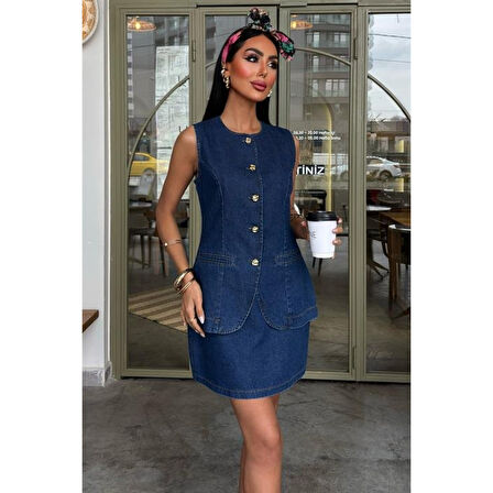Kolsuz Yelekli Mini Etekli Denim Takım 