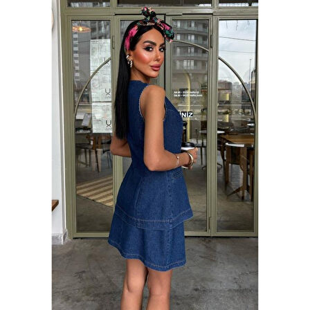 Kolsuz Yelekli Mini Etekli Denim Takım 