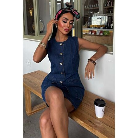Kolsuz Yelekli Mini Etekli Denim Takım 