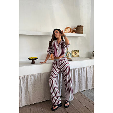 Lucky Life Kadın ÇİZGİLİ CROP GÖMLEK - SALAŞ PANTOLON TAKIM MODAL - Bordo
