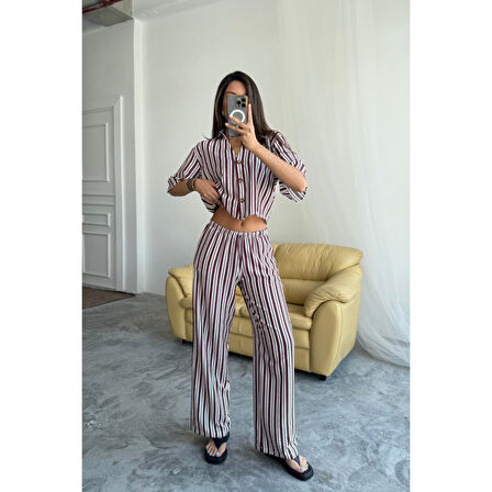 Lucky Life Kadın ÇİZGİLİ CROP GÖMLEK - SALAŞ PANTOLON TAKIM MODAL - Bordo