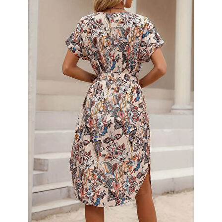 Lucky Life Kadın Kısa Kollu Bisiklet Yaka çiçek Desenli Kuşaklı Süprem Midi Elbise