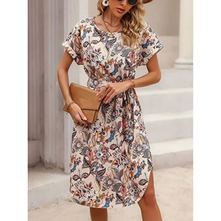 Lucky Life Kadın Kısa Kollu Bisiklet Yaka çiçek Desenli Kuşaklı Süprem Midi Elbise