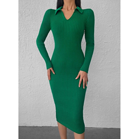 Lucky Life Kadın Uzun Kollu Yakalı Triko Elbise