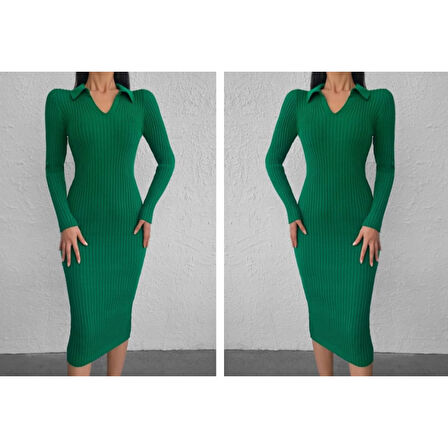 Lucky Life Kadın Uzun Kollu Yakalı Triko Elbise