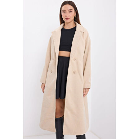 Krem Oversize Geniş Kesim Yünlü Uzun Kaşe Kaban Lucky Life Kadın 