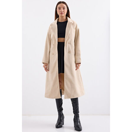 Krem Oversize Geniş Kesim Yünlü Uzun Kaşe Kaban Lucky Life Kadın 
