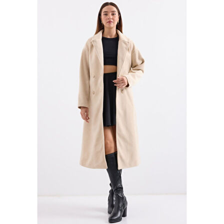 Krem Oversize Geniş Kesim Yünlü Uzun Kaşe Kaban Lucky Life Kadın 