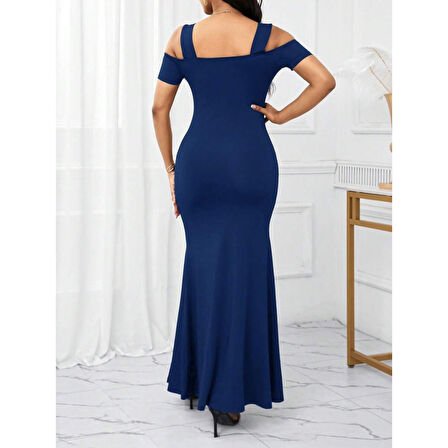 Lucky Life Kadın Omuzlardan Açık Askılı Yırtmaç Detaylı Uzun Ithal Krep Elbise