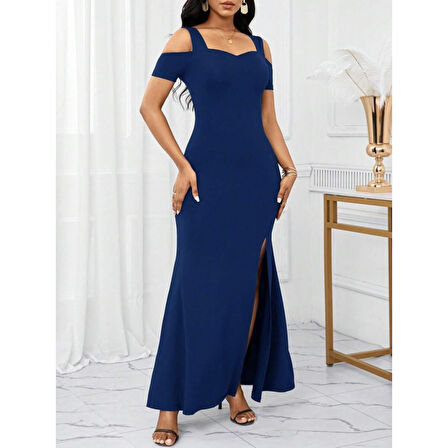 Lucky Life Kadın Omuzlardan Açık Askılı Yırtmaç Detaylı Uzun Ithal Krep Elbise