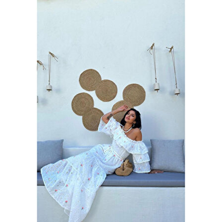 Lucky Life Kadın Pembe Omuzları Lastikli Brode Elbise