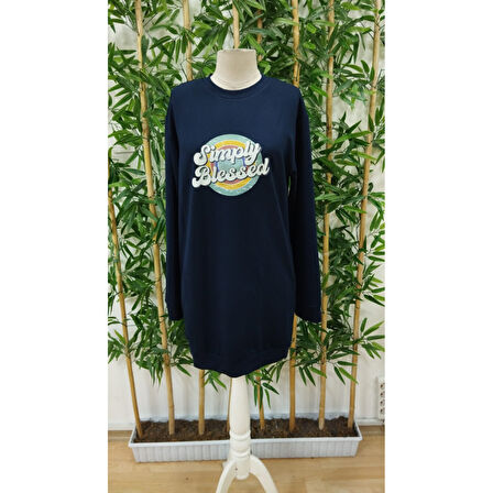 Lucky Life Kadın Uzun Kollu Bisiklet Yaka Yazılı Viskon Iki Iplik Elbise