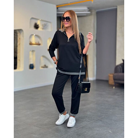 Lucky Life Kadın Uzun Kollu Ribana Ve Fermuar Detay Bluz Ve Yüksel Bel Pantolon 2li Takım