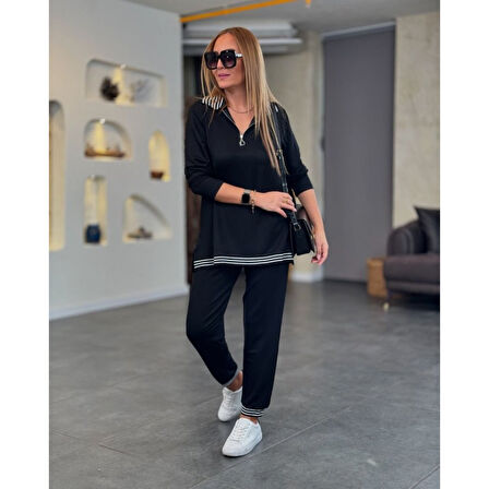 Lucky Life Kadın Uzun Kollu Ribana Ve Fermuar Detay Bluz Ve Yüksel Bel Pantolon 2li Takım