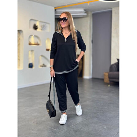 Lucky Life Kadın Uzun Kollu Ribana Ve Fermuar Detay Bluz Ve Yüksel Bel Pantolon 2li Takım