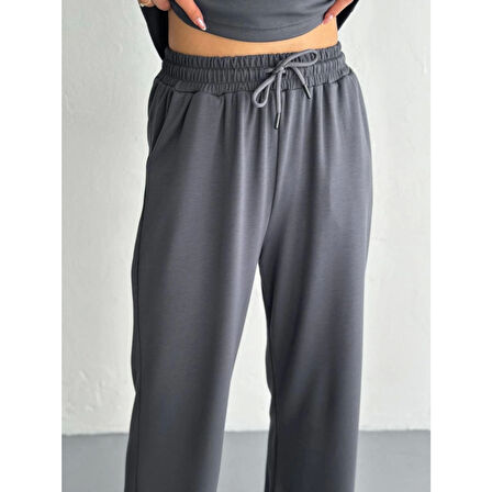 Lucky Life Kadın Yumuşak Dokulu Kumaş Kısa Kollu Lucky Life Kadın Yakalı T-shirt Pantalon Ikili Takım- Antrasit