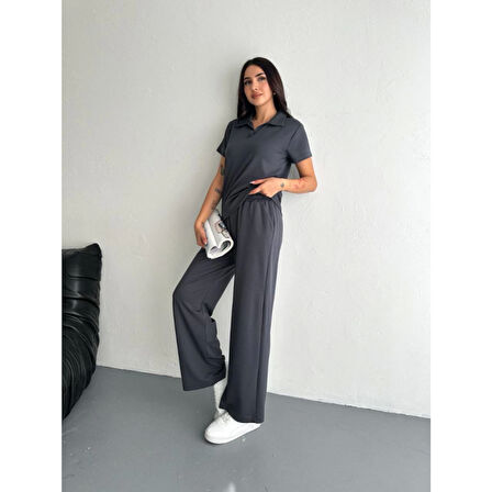 Lucky Life Kadın Yumuşak Dokulu Kumaş Kısa Kollu Lucky Life Kadın Yakalı T-shirt Pantalon Ikili Takım- Antrasit