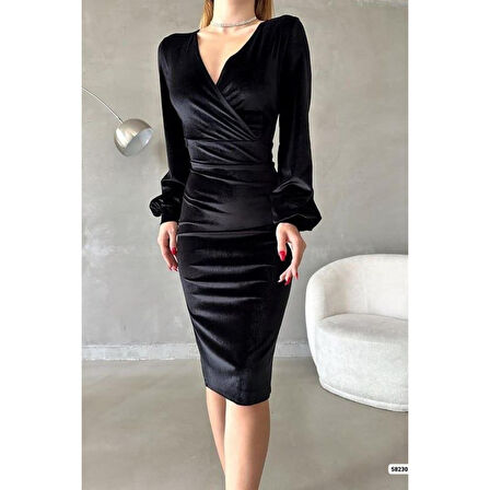 Lucky Life Kadın Kadife Kumaş Kruvaze Yaka Balon Kol Ve Yırtmaç Detaylı Midi Boy Elbise