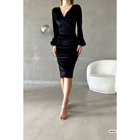 Lucky Life Kadın Kadife Kumaş Kruvaze Yaka Balon Kol Ve Yırtmaç Detaylı Midi Boy Elbise