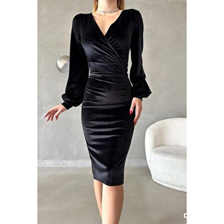 Lucky Life Kadın Kadife Kumaş Kruvaze Yaka Balon Kol Ve Yırtmaç Detaylı Midi Boy Elbise