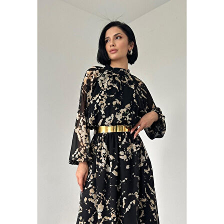 Siyah Reglan Kol Baskılı Elbise