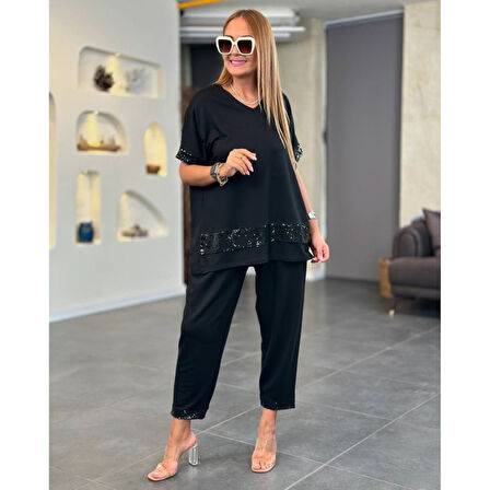 Lucky Life Kadın Kısa Kollu V Yakalı Pul Payetli Viskon Iki Iplik Bluz Ve Pantolon Ikili Takım