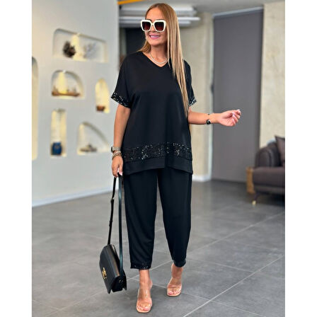 Lucky Life Kadın Kısa Kollu V Yakalı Pul Payetli Viskon Iki Iplik Bluz Ve Pantolon Ikili Takım