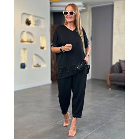 Lucky Life Kadın Kısa Kollu V Yakalı Pul Payetli Viskon Iki Iplik Bluz Ve Pantolon Ikili Takım