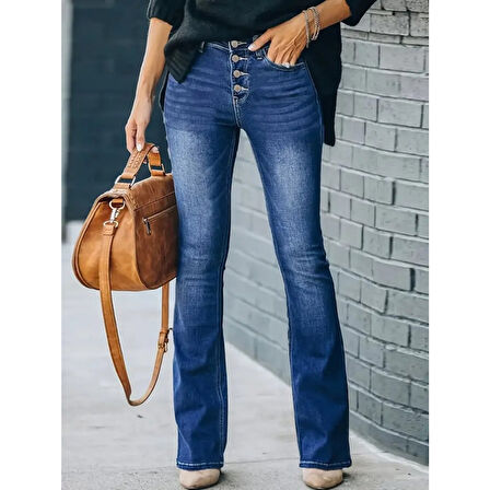 Lucky Life Kadın Yüksek Bel önden Düğmeli Cep Detay Ispanyol Paça Denim Pantolon
