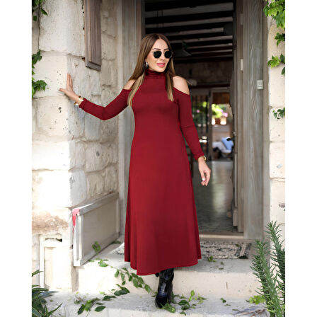 Lucky Life Kadın Balıkçı Yaka Omuzlardan Açık Uzun Kollu Janjan Krep Elbise