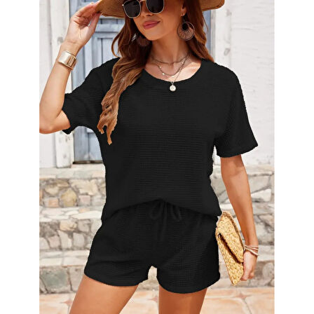 Lucky Life Kadın Kısa Kollu Bisiklet Yaka Alt Ve üst Waffle Ikili Takım