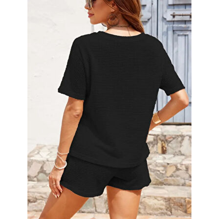 Lucky Life Kadın Kısa Kollu Bisiklet Yaka Alt Ve üst Waffle Ikili Takım