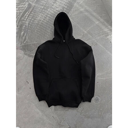 Kapşonlu Üç İplik Penye Basic SweatShirt - Siyah