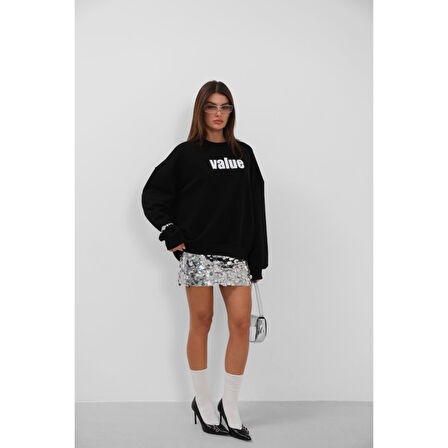 Baskılı Sıfır Yaka Oversize Sweatshirt