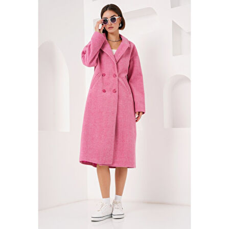 Fuşya Oversize Geniş Kesim Yünlü Uzun Kaşe Kaban Lucky Life Kadın 