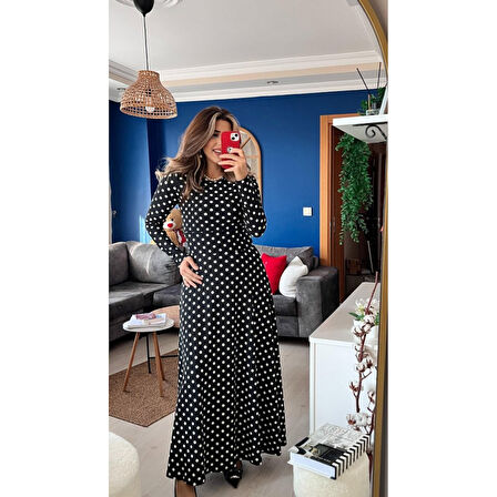 Lucky Life Kadın Krep Kumaş Uzun Kollu Tam Boy Puantiyeli Elbise 132 Cm