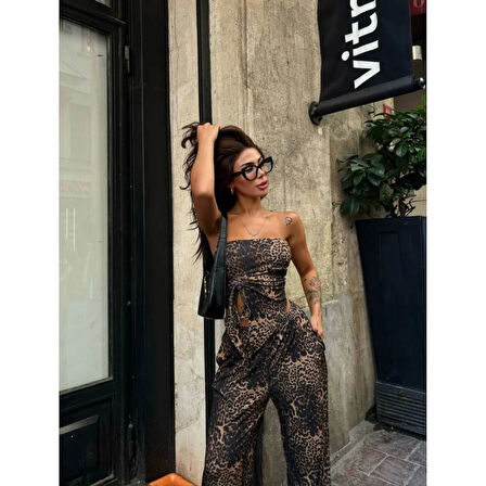 Leopar Desenli önden Bağlamalı Bluz Pantolon İkili Takım -Leopar