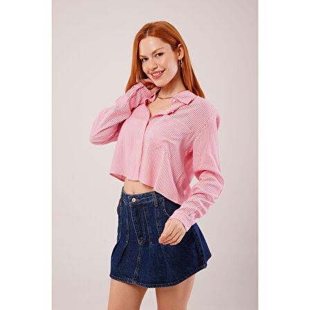 Lucky Life Kadın Tek Cep Çizgili Pembe Kısa Gömlek