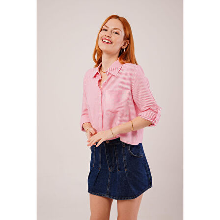 Lucky Life Kadın Tek Cep Çizgili Pembe Kısa Gömlek