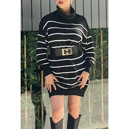 Lucky Life Kadın Uzun Kollu Degaje Yaka çizgili Sonya Iplik Mini Boy Triko Elbise (kemersiz)