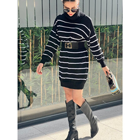 Lucky Life Kadın Uzun Kollu Degaje Yaka çizgili Sonya Iplik Mini Boy Triko Elbise (kemersiz)
